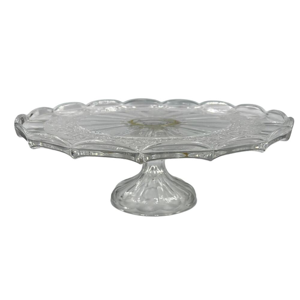 Vintage Crystal Pedestal Cake Plate Scalloped Edges Gold Tone Ring 4.5" Tall